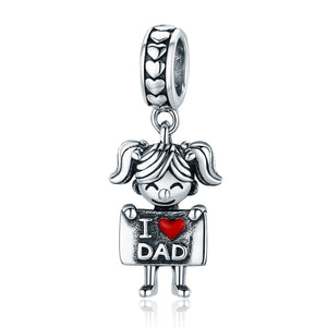 Authentic 925 Sterling Silver I Love Dad Mom Lovely Girl Charm Pendant fit Charm Bracelet & Necklaces Jewelry SCC690
