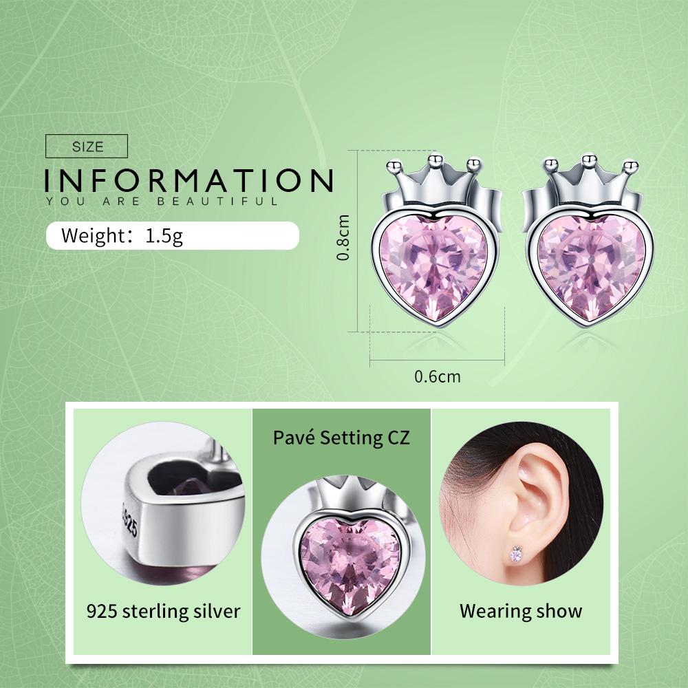 925 Sterling Silver Sweet Pink Heart of Crown Stud Earrings for Women Luxury Silver Jewelry SCE174