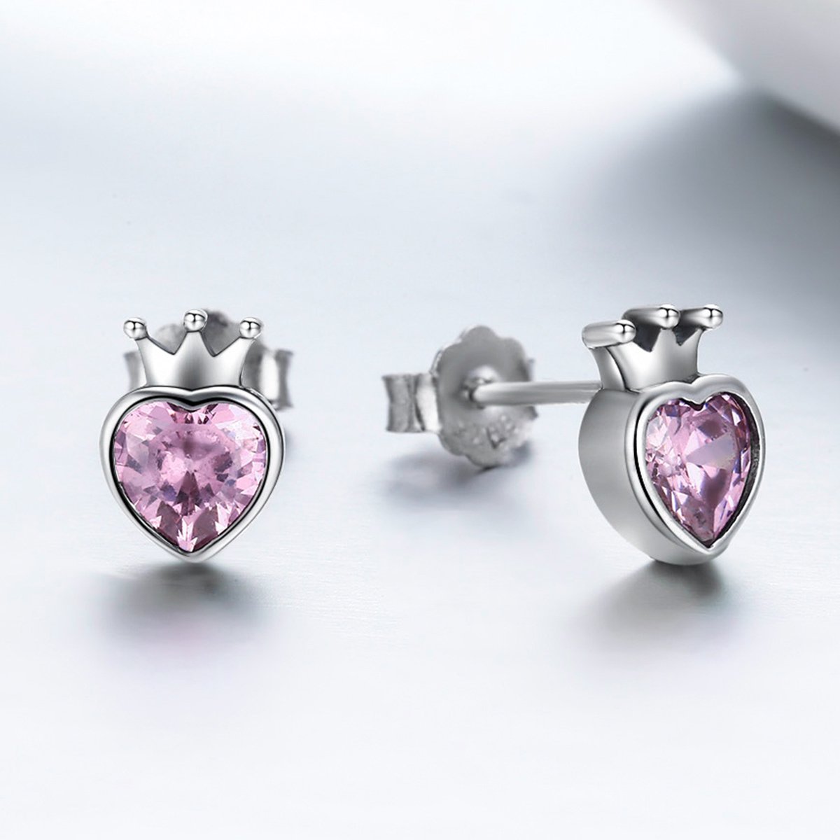 925 Sterling Silver Sweet Pink Heart of Crown Stud Earrings for Women Luxury Silver Jewelry SCE174