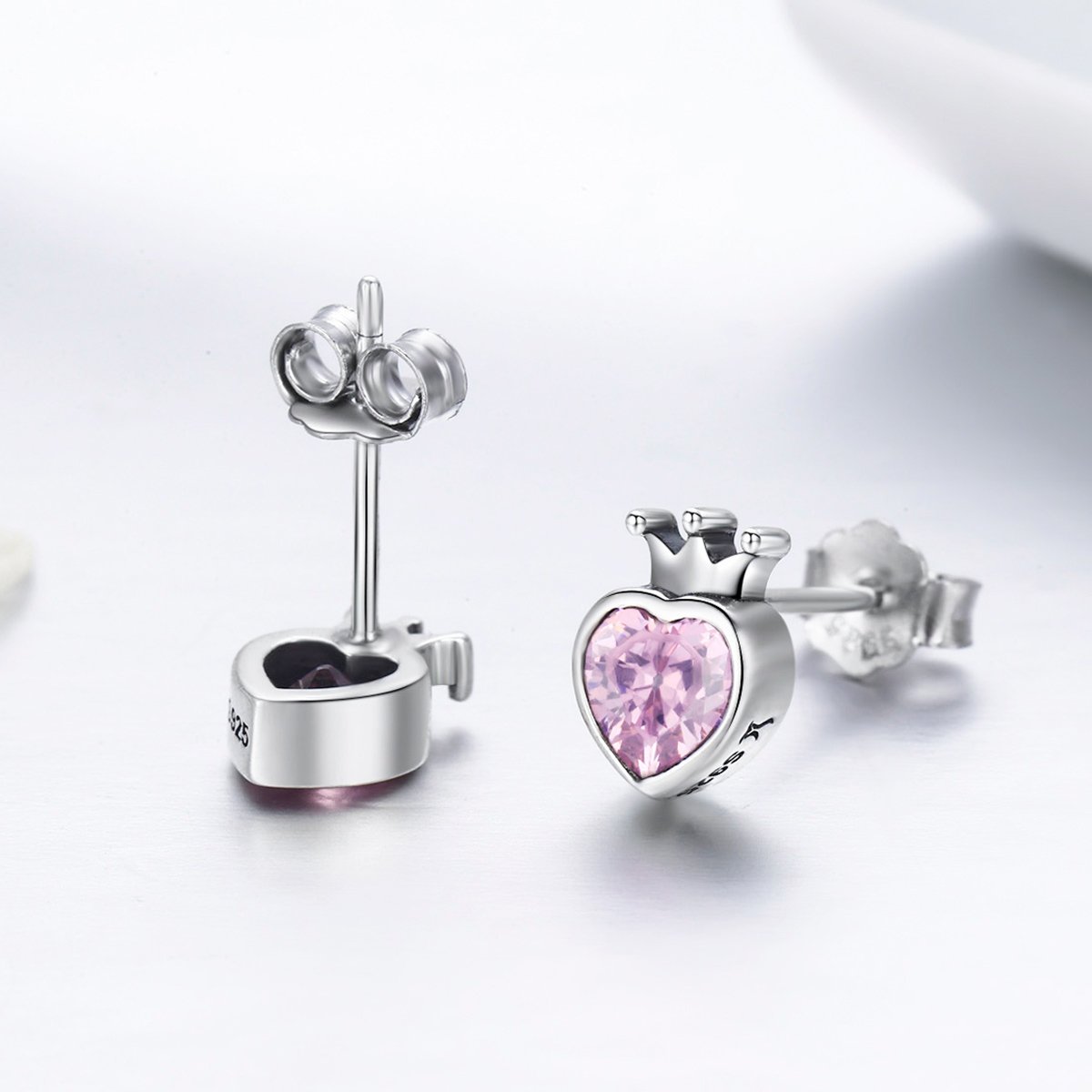 925 Sterling Silver Sweet Pink Heart of Crown Stud Earrings for Women Luxury Silver Jewelry SCE174