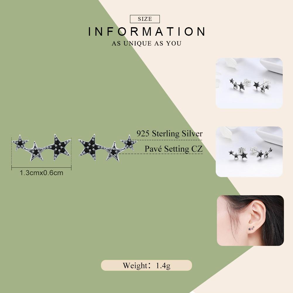 Authentic 925 Sterling Silver Stackable Star Black CZ Stud Earrings for Women Sterling Silver Jewelry Bijoux SCE292