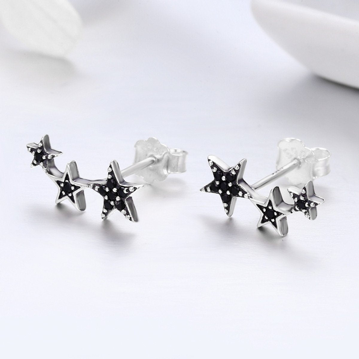 Authentic 925 Sterling Silver Stackable Star Black CZ Stud Earrings for Women Sterling Silver Jewelry Bijoux SCE292