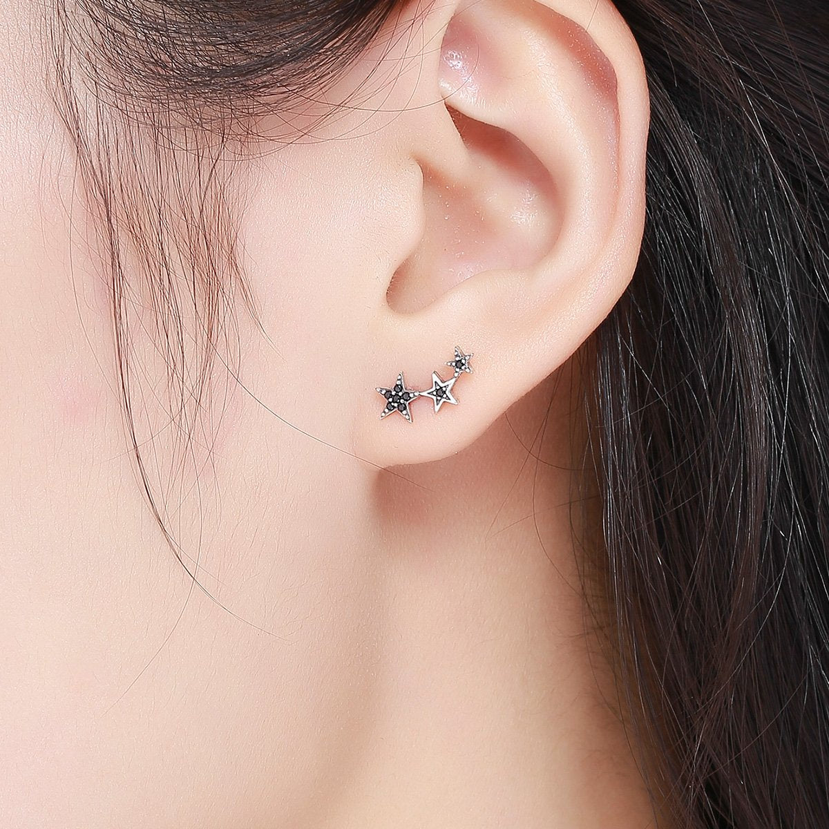 Authentic 925 Sterling Silver Stackable Star Black CZ Stud Earrings for Women Sterling Silver Jewelry Bijoux SCE292