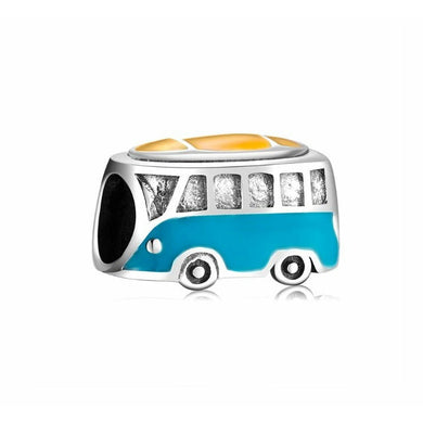 925 Sterling Silver Blue and Yellow Enamel Travel Surfer Bus Bead Charm