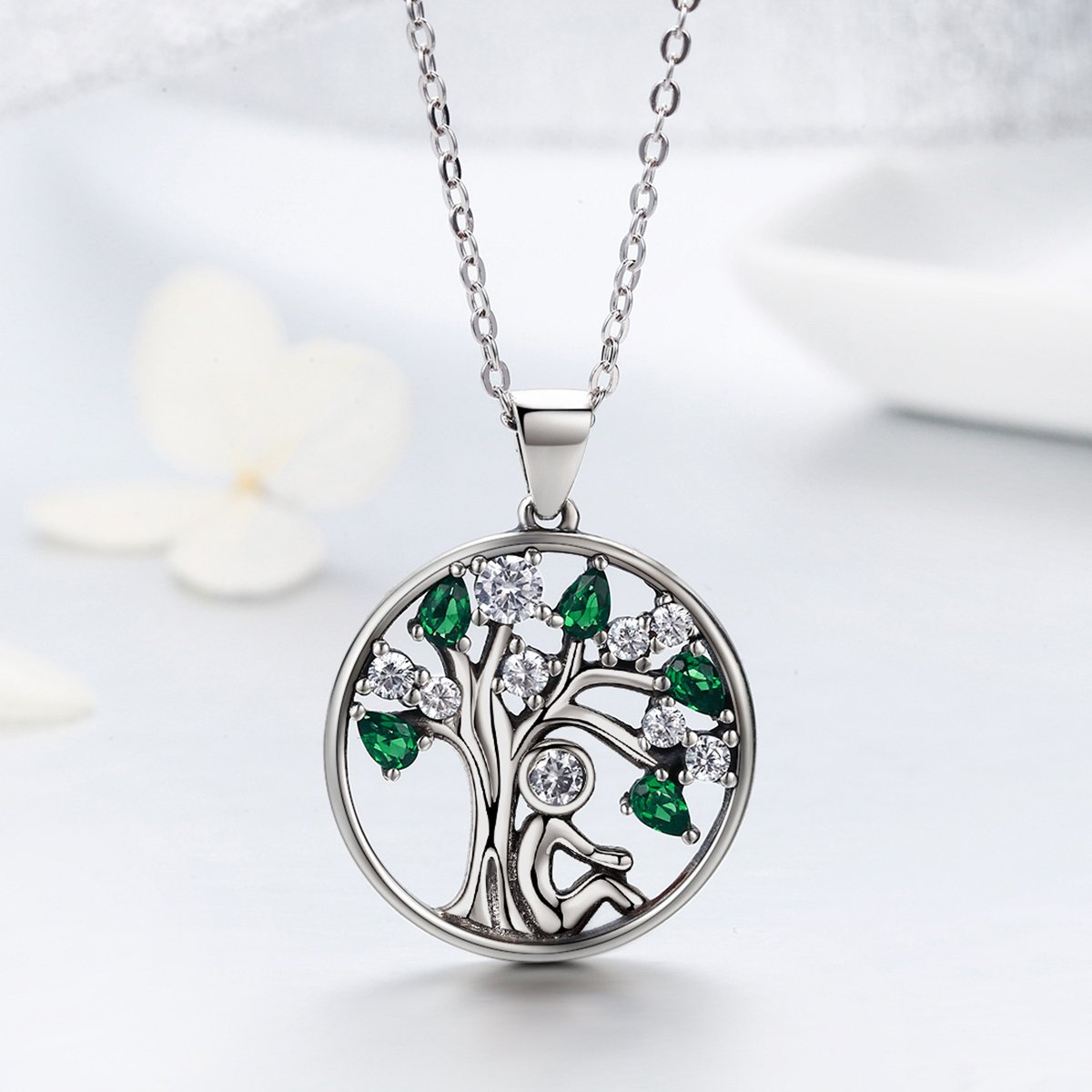 925 Sterling Silver Rely Tree of Life Pendant Necklaces Clear Grean Cubic Zircon Women Fashion Jewelry SCN094