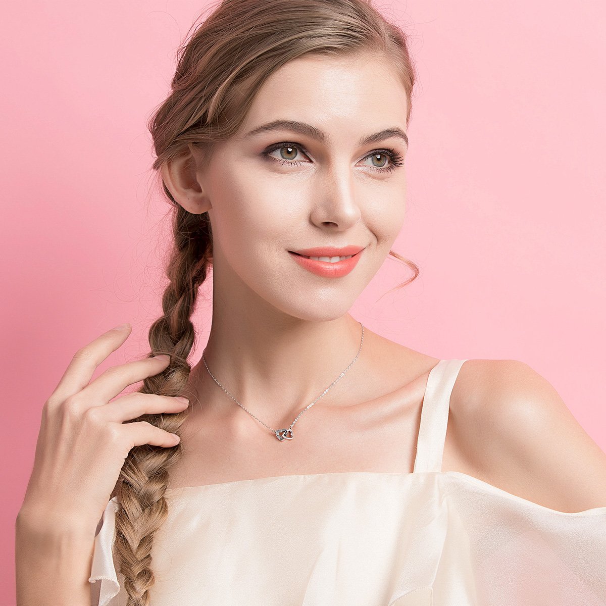 Valentine Day Gift 925 Sterling Silver Connected Heart Couple Heart Pendant Necklace for Girlfriend Silver Jewelry SCN181