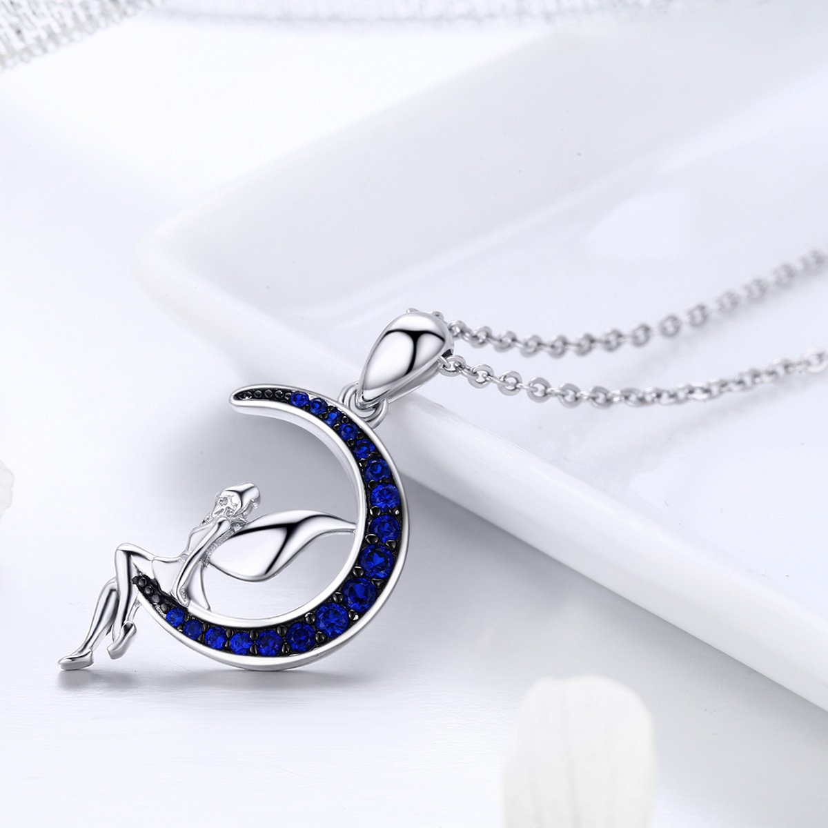Hot Sale 100% 925 Sterling Silver Lucky Fairy in Blue Moon Pendant Necklaces Women Sterling Silver Jewelry Gift SCN244