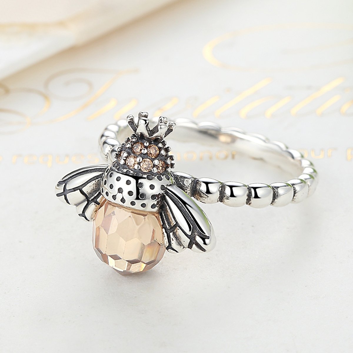 Authentic 925 Sterling Silver Orange Wing Animal Bee Finger Ring for Woman Sterling Silver Jewelry SCR025
