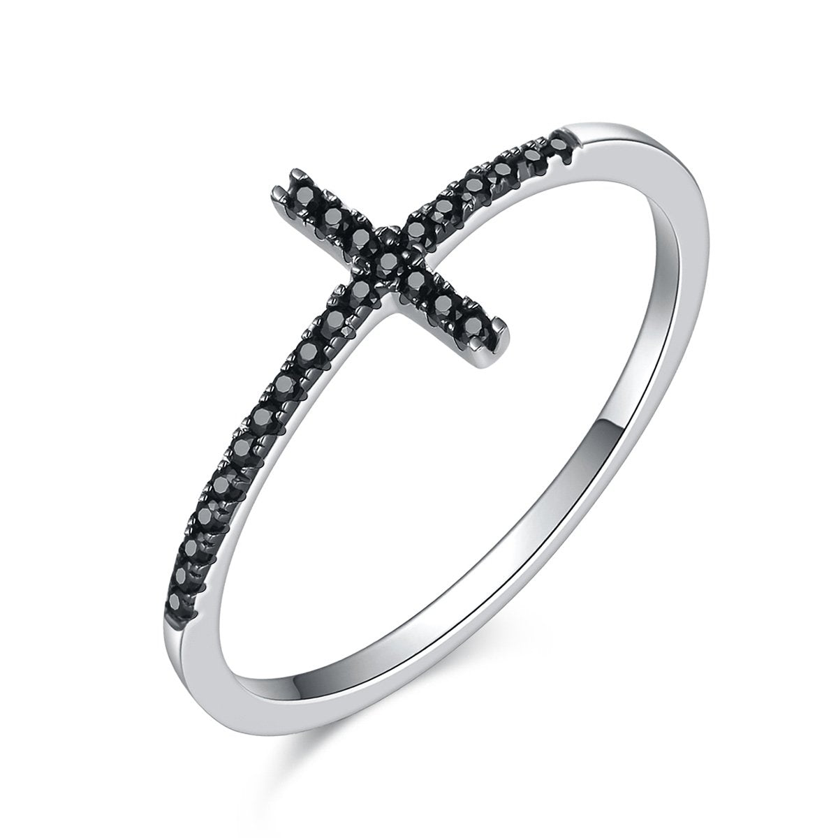 925 Sterling Silver Faith Cross Finger Rings for Women Black Cubic Zircon Fine Jewelry Gift SCR067