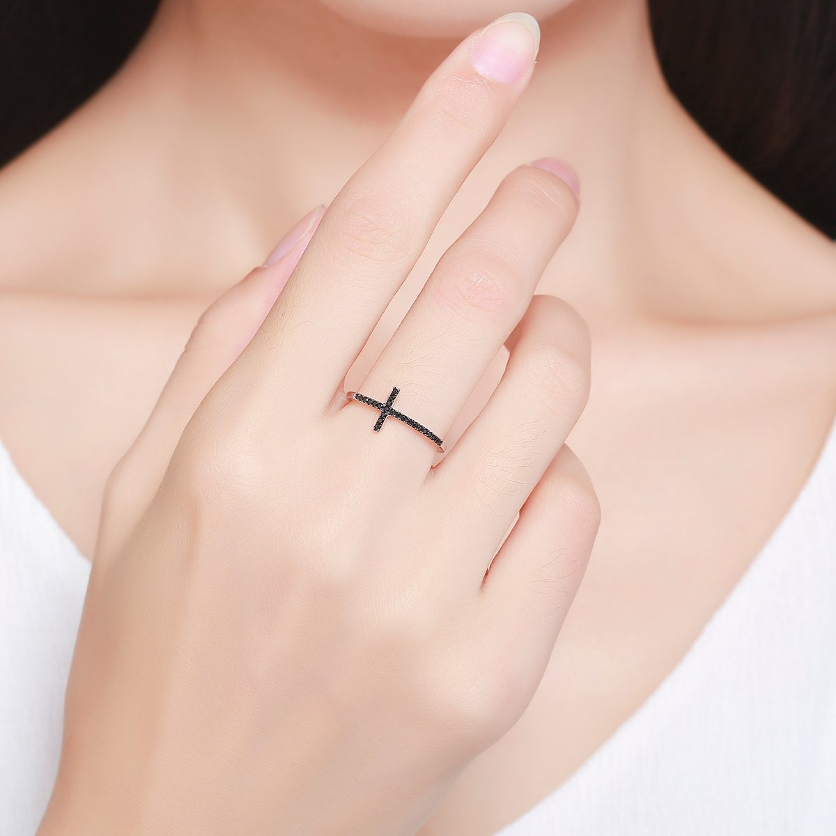 925 Sterling Silver Faith Cross Finger Rings for Women Black Cubic Zircon Fine Jewelry Gift SCR067