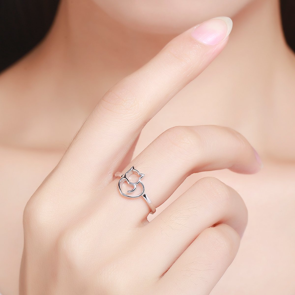 925 Sterling Silver Naughty Little Cat & Heart Finger Ring for Women Sterling Silver Jewelry Gift SCR104