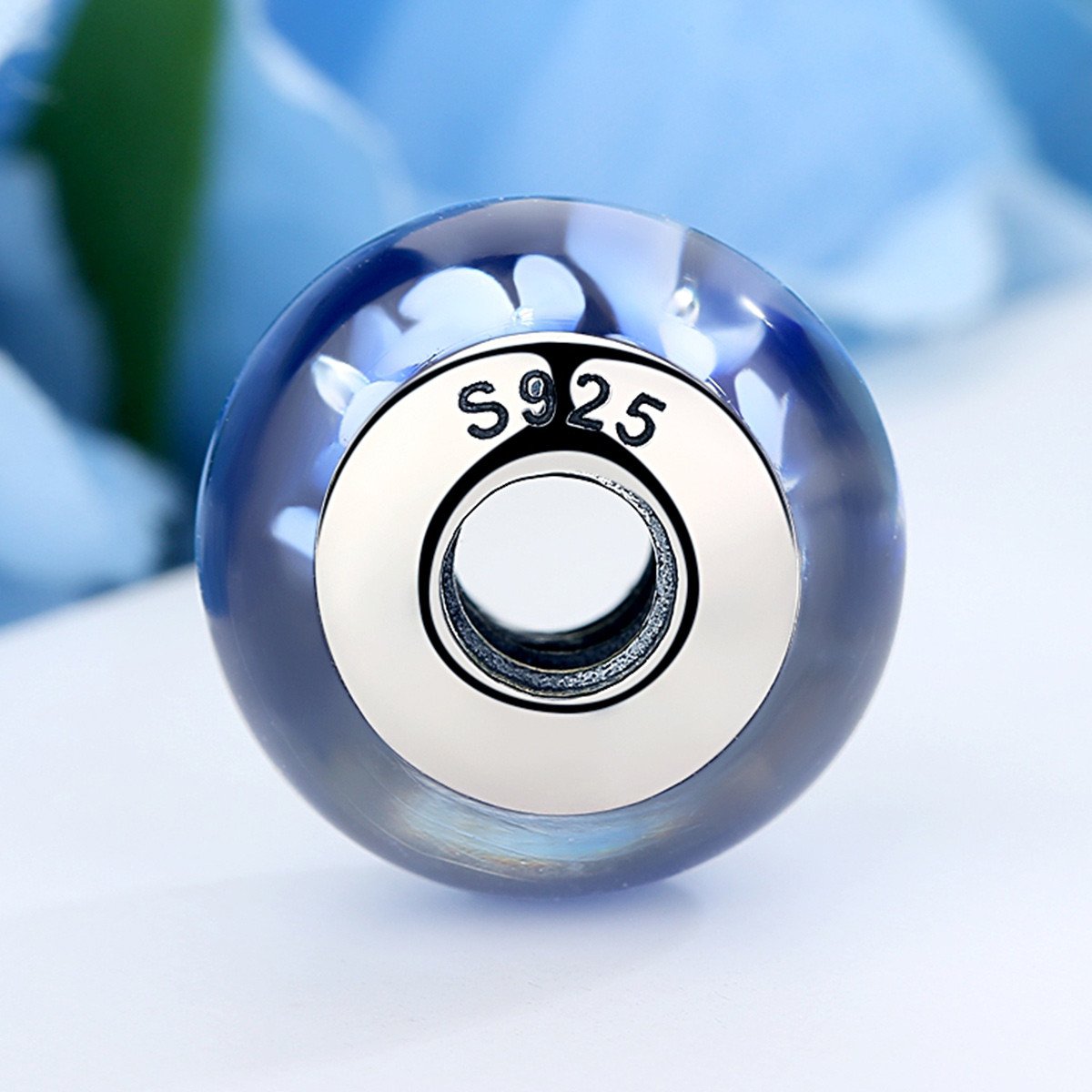 Popular 925 Sterling Silver Blue Plum Flower Pattern European Murano Glass Beads Charms Fit Bracelets & Bangles SCZ006