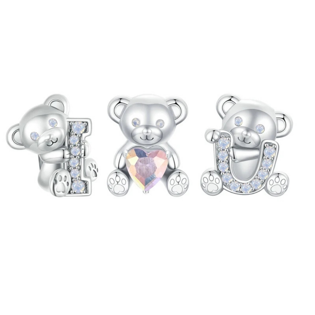 Sterling Silver 925 Teddy Bears I Love U Bead Charms