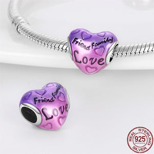925 Sterling Silver Colour Enamel Love Family Engraved Heart Bead Charm