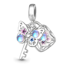 Load image into Gallery viewer, 925 Sterling Silver Sparkling Moonstone Butterfly Key and Lock Dangle Charm