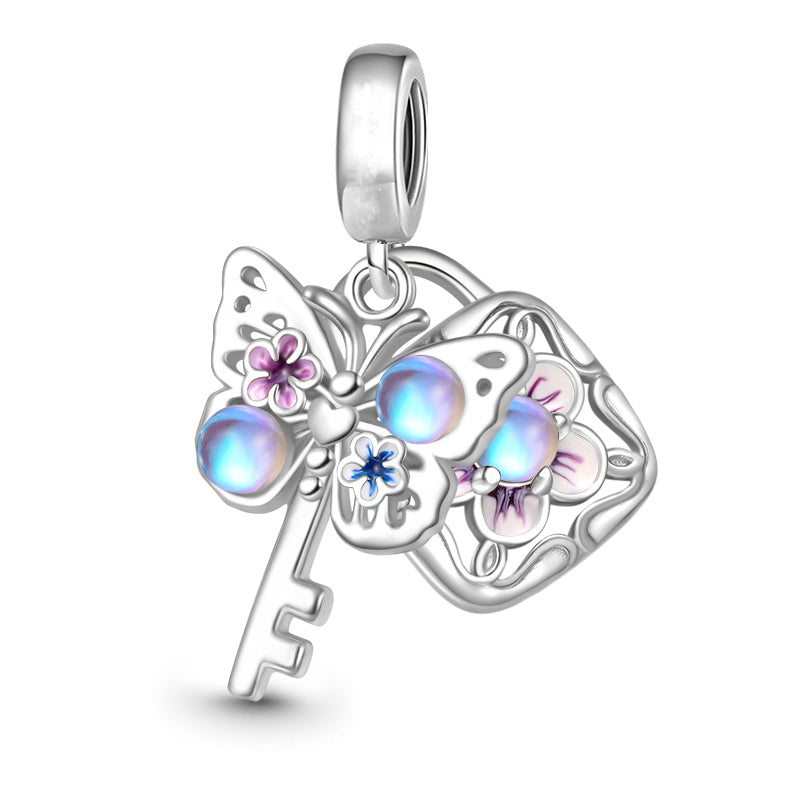 925 Sterling Silver Sparkling Moonstone Butterfly Key and Lock Dangle Charm