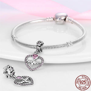 925 Sterling Silver Pink CZ Heart Beat Dangle Charm