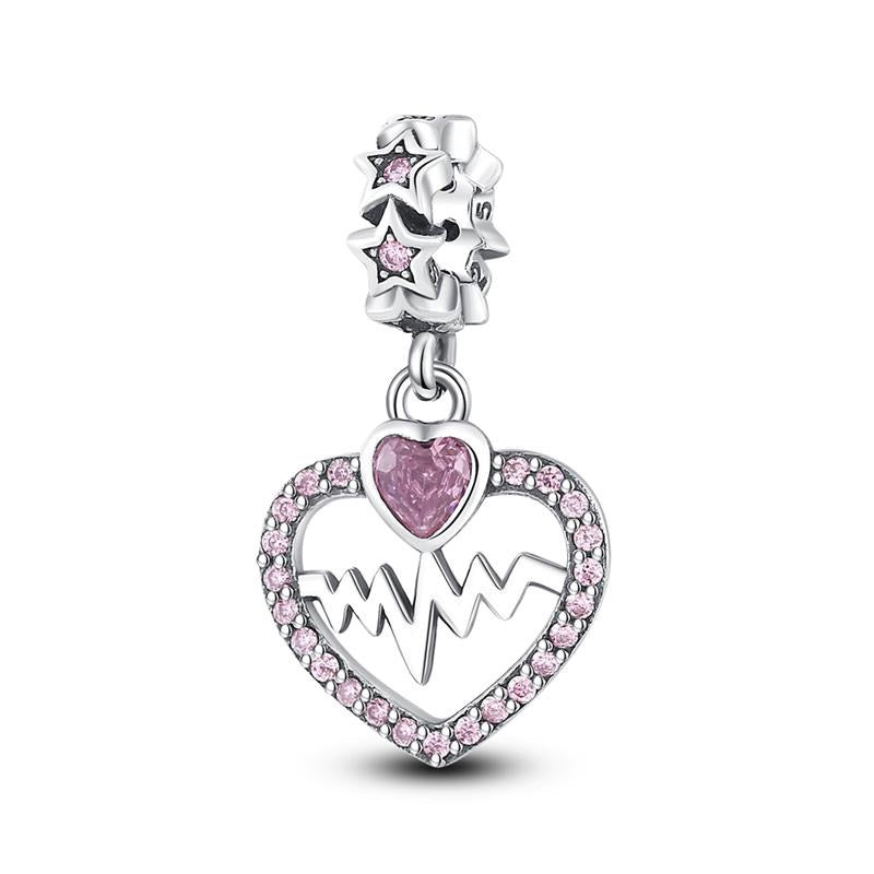 925 Sterling Silver Pink CZ Heart Beat Dangle Charm