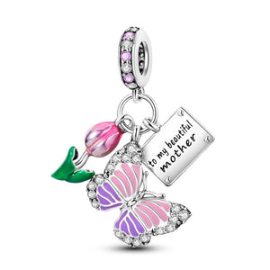 925 Sterling Silver "to my Beautiful Mother" Flower and Butterfly Dangle Charm