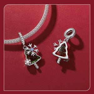 925 Sterling Silver Elegant Christmas Tree and Snowflakes Dangle Charm