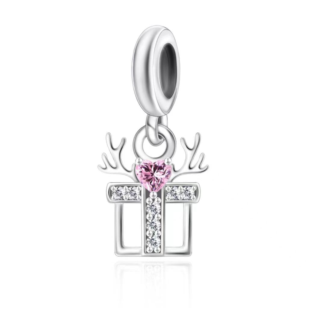 Christmas present with Pink CZ heart Dangle Charm