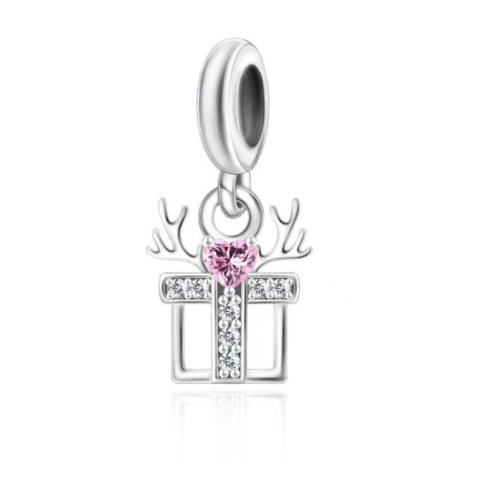 Christmas present with Pink CZ heart Dangle Charm