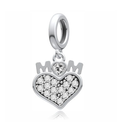 925 Sterling Silver Cz Mom Heart Dangle Charm