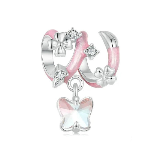 Sparkling Butterfly with Flower Pink Enamel Bead Charm