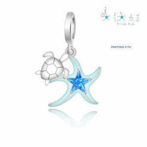 925 Sterling Silver Blue CZ Star Fish and Turtle Dangle Charm