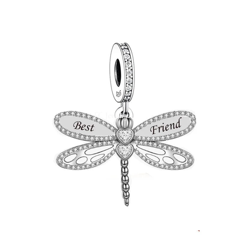925 Sterling Silver BEST FRIEND CZ Dragonfly Dangle Charms