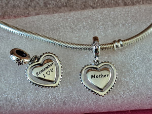 925 Sterling Silver Mother "Remember I Love You" Heart Dangle Charm
