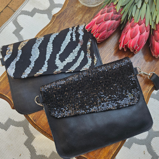 The Fabulous Genuine Leather Sparkling Sneaky Leopard Crossbody Bag/Clutch in Black