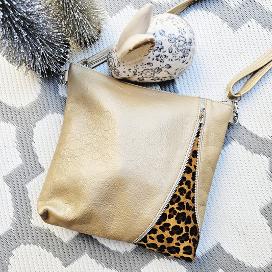 The Fabulous Genuine Leather Zipper Leopard Crossbody Bag in Metallic Gold