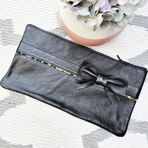 The Fabulous Genuine Leather Leopard and Bow Pencil Bag in Black