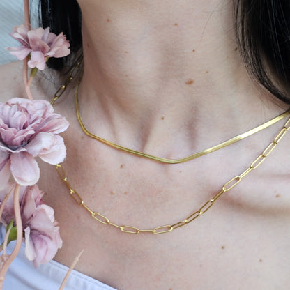 Stainless Steel 18K Gold Herringbone Necklace/ Bracelet- Water & Tarnish Proof