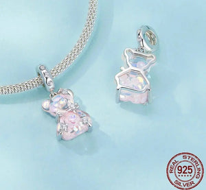 925 Sterling Silver CZ Pink Murano Glass Teddy Dangle Charm