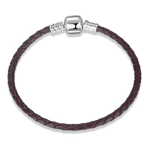 925 Sterling Silver Plain Clasp Black Braided Genuine Leather Bracelet