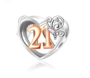 925 Sterling Silver Two Tone 21 Years Butterfly Heart Bead Charm