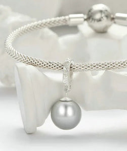 925 Sterling Silver Pearl Grey/Silver Colour CLIP ON Dangle Charm