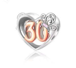 925 Sterling Silver Two Tone 30 Years Butterfly Heart Bead Charm