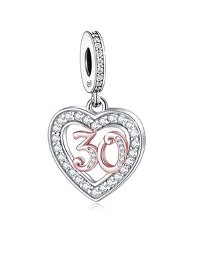 925 Sterling Silver Rose Gold PLATED 30 Years CZ Heart Dangle Charm