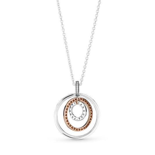 Two Tone Clear CZ And Rose Gold Plated Triple Circle Neclace Pendant