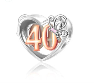 925 Sterling Silver Two Tone 40 Years Butterfly Heart Bead Charm