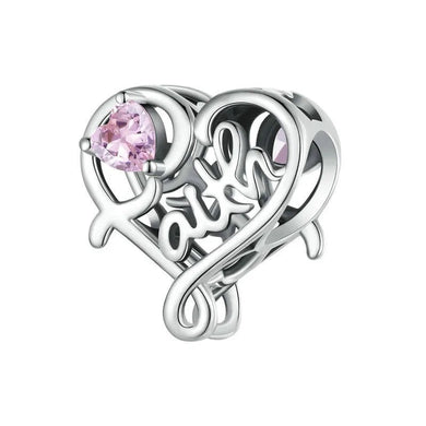 925 Sterling Silver Pink CZ heart FAITH Bead Charm