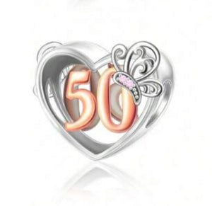 925 Sterling Silver Two Tone 50 Years Butterfly Heart Bead Charm