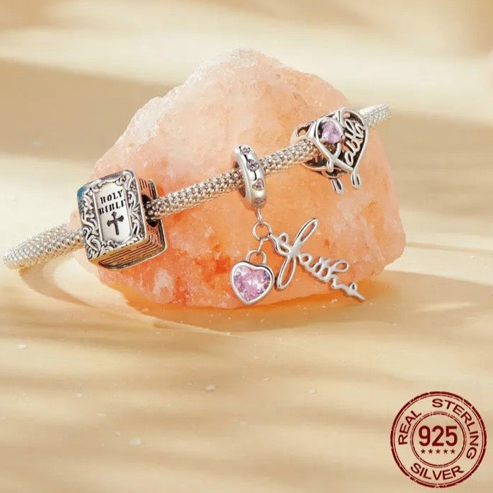 925 Sterling Silver Charm Fall in Love Pave & Pink Enamel Heart Beads