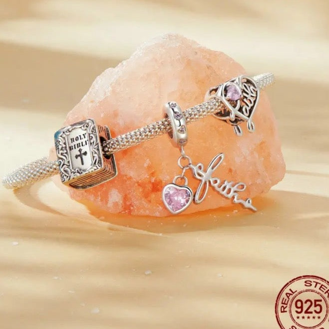 Faith Pink CZ Openwork Heart Bead Charm