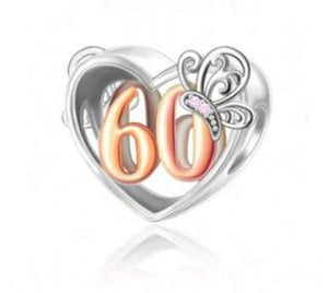 925 Sterling Silver Two Tone 60 Years Butterfly Heart Bead Charm