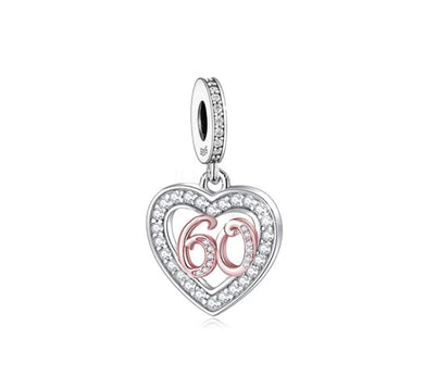 925 Sterling Silver Rose Gold PLATED 60 Years CZ Heart Dangle Charm