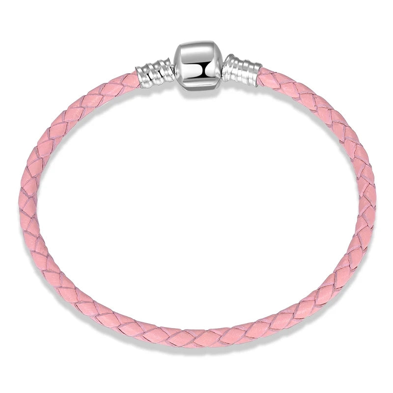 Plain Clasp Pink Braided Genuine Leather Bracelet